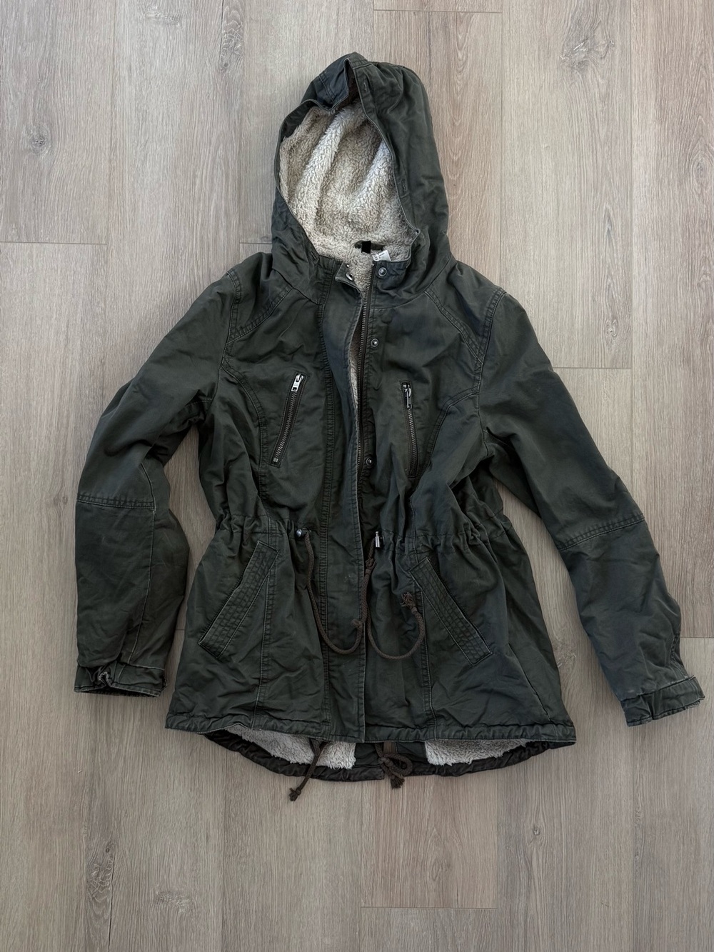 H&M Olive Green Utility Hooded Jacket with Faux-Sherpa Lining